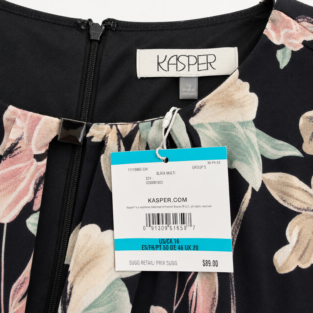 NWT Kasper Floral Pleated Neck Keyhole Midi Dress Size 16 Black Multi - Picture 6 of 7
